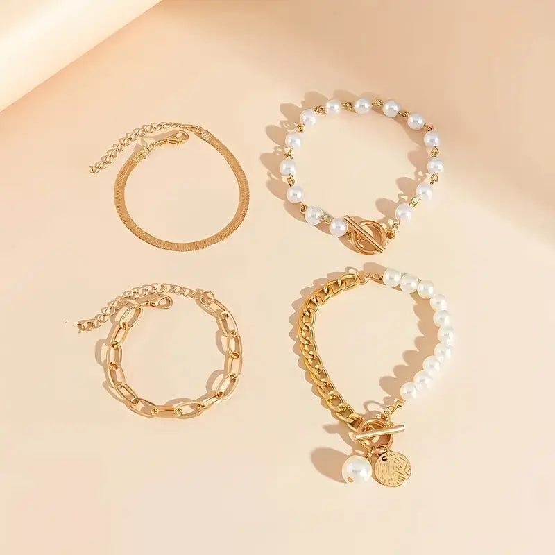 Conjunto 4 Pulseras – Serpiente, Perlas & Eslabones | Oro